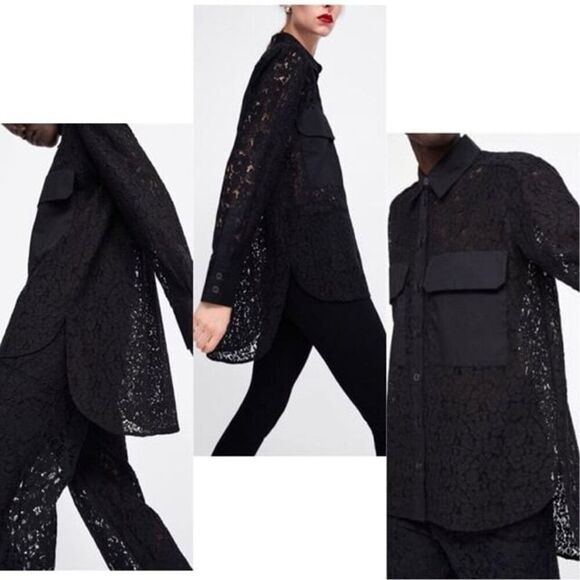 ✨Zara All Over Lace Long Black Sz Small Shirt✨ - Picture 6 of 13